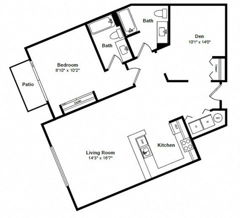 Floor plan for 1 bed, 2 baths, 1012 sqft